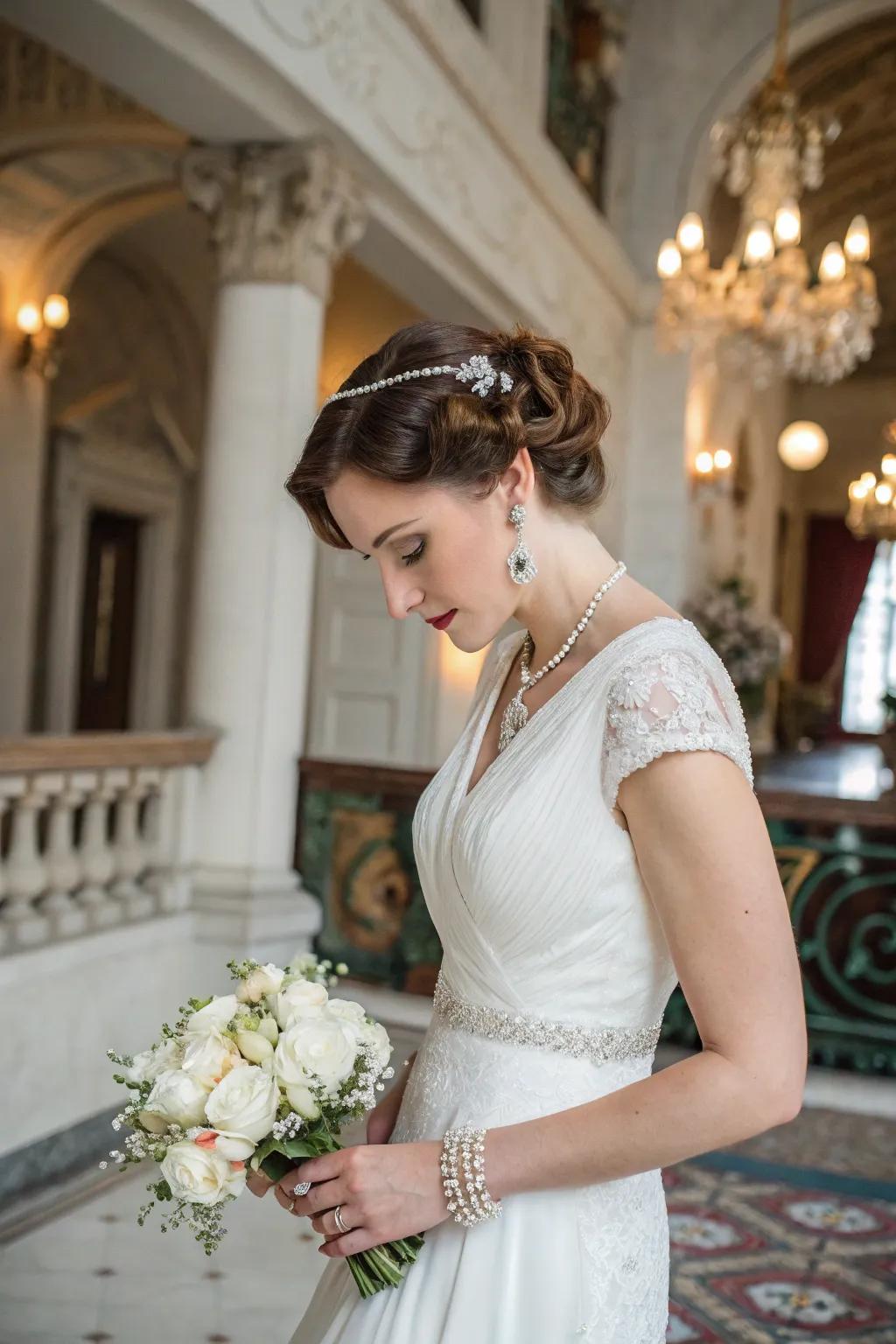 A bride gracefully wearing treasured adornments on her wedding day.
