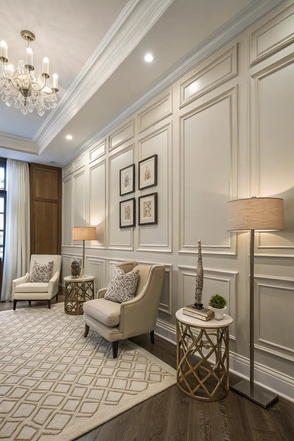 An apartment exhibiting varied altitude paneling for visual intrigue.