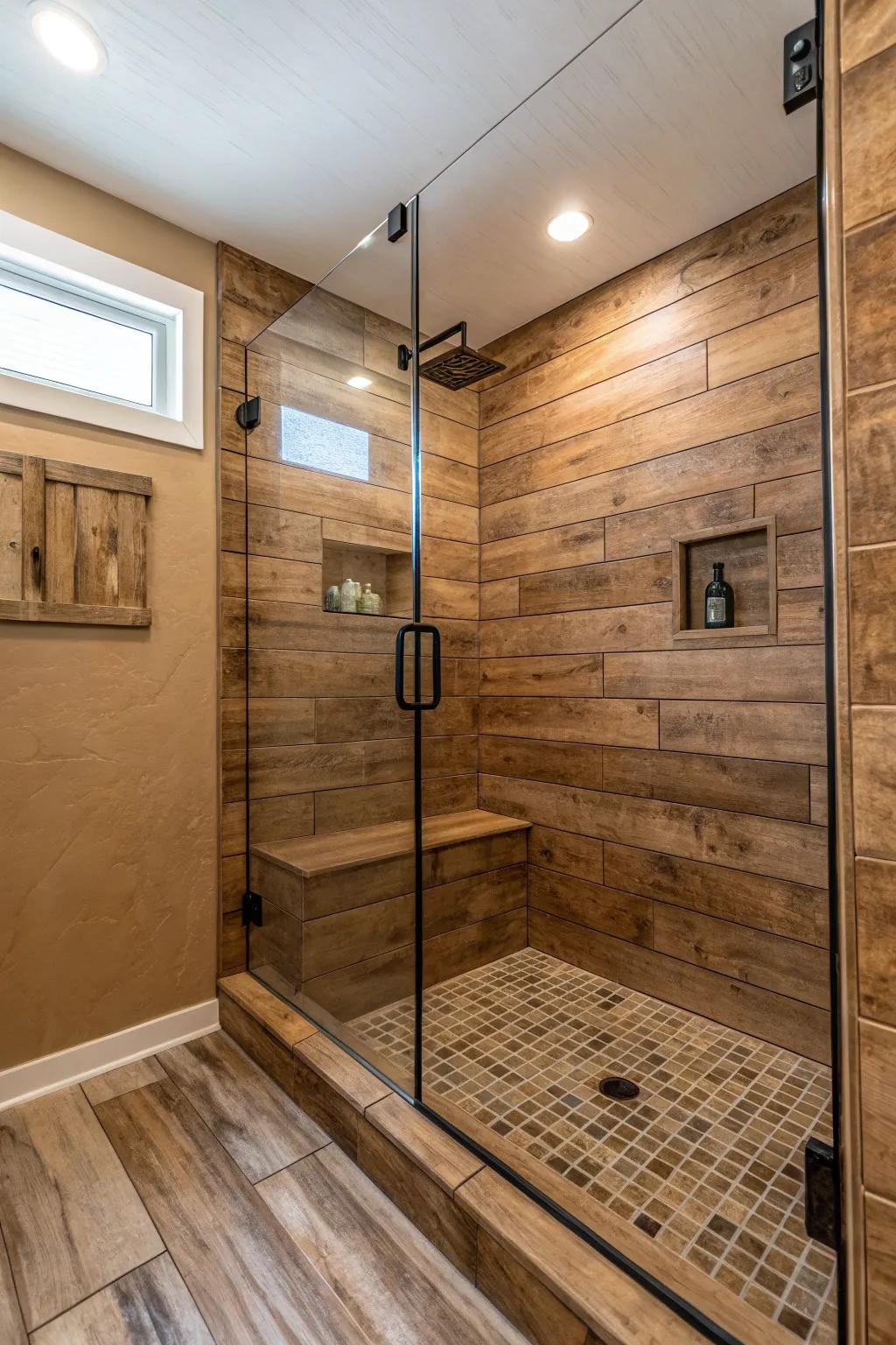 Timber-effect tiles bring warmth and comfort to your bathroom.