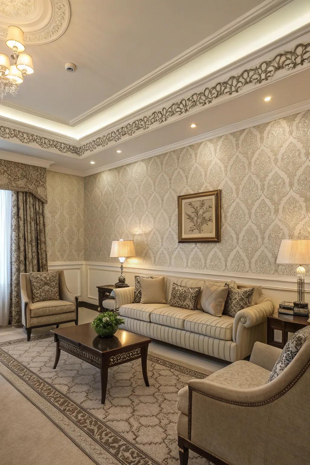 An elegant living space with a textured wallpaper border that contributes profundity.