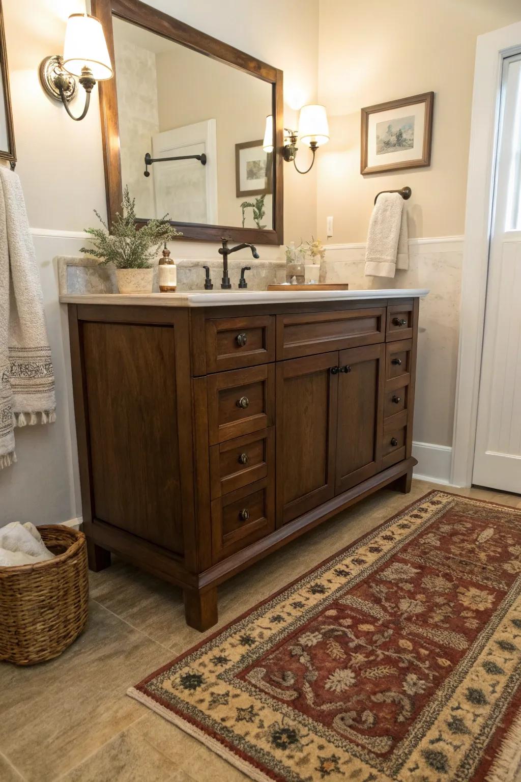 Introduce warmth and distinctiveness using a period rug within your bathroom.