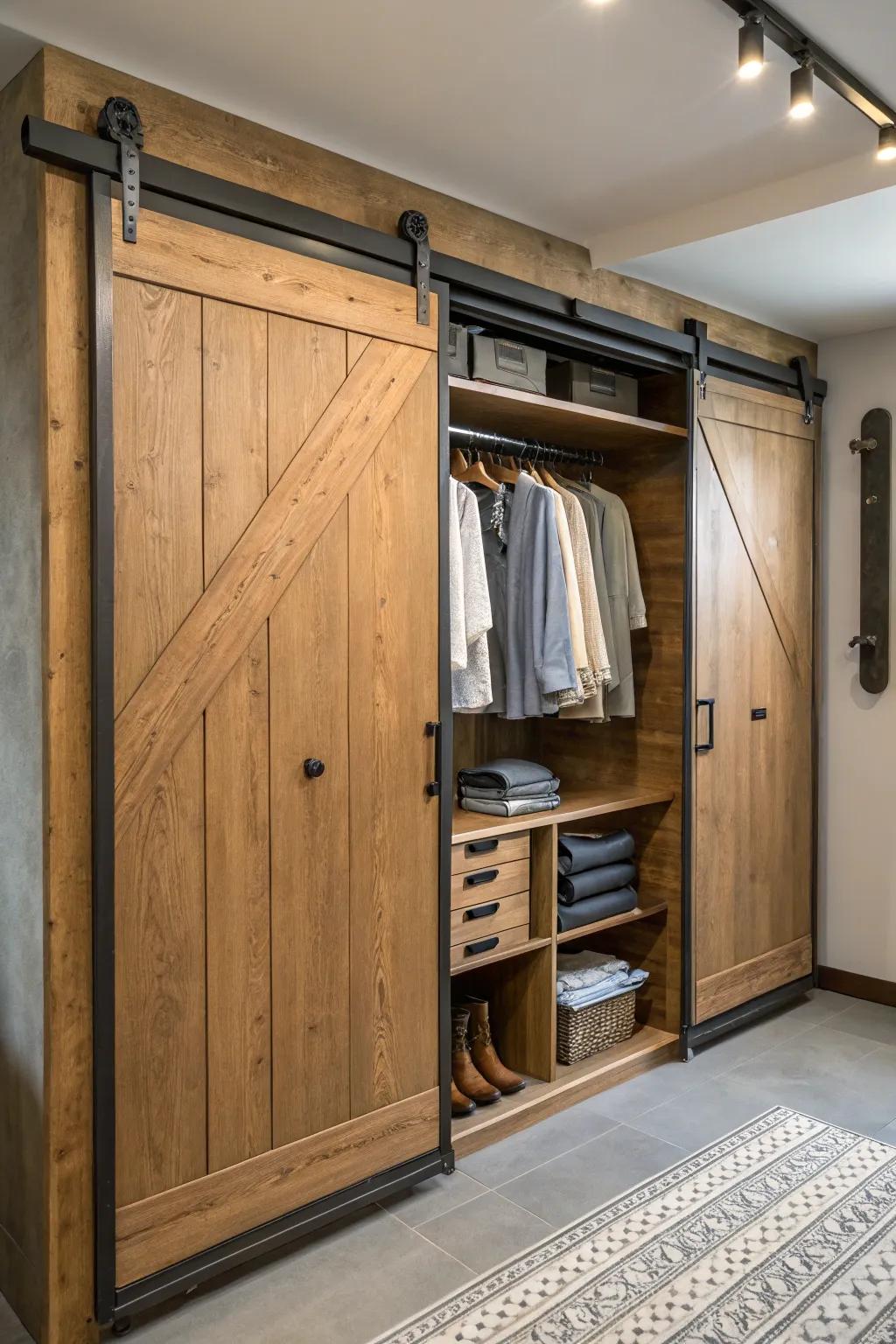 Mixed materials add depth and texture to closet interiors.