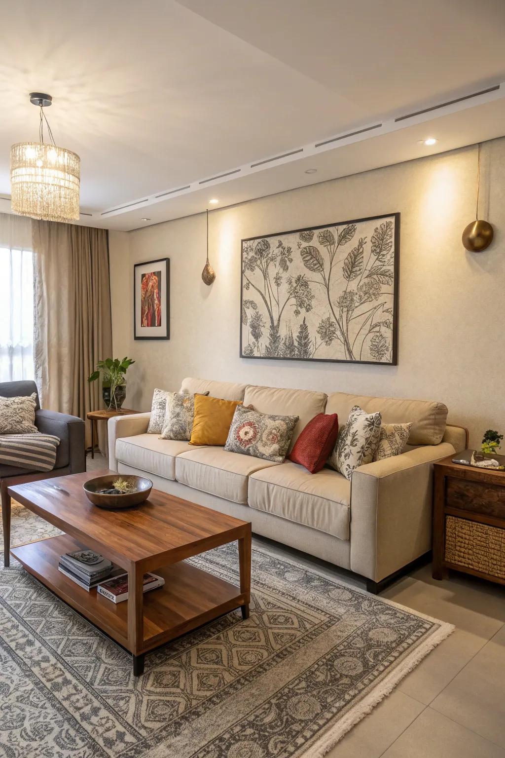 A defining piece delivers emphasis and anchors a neutral living room.
