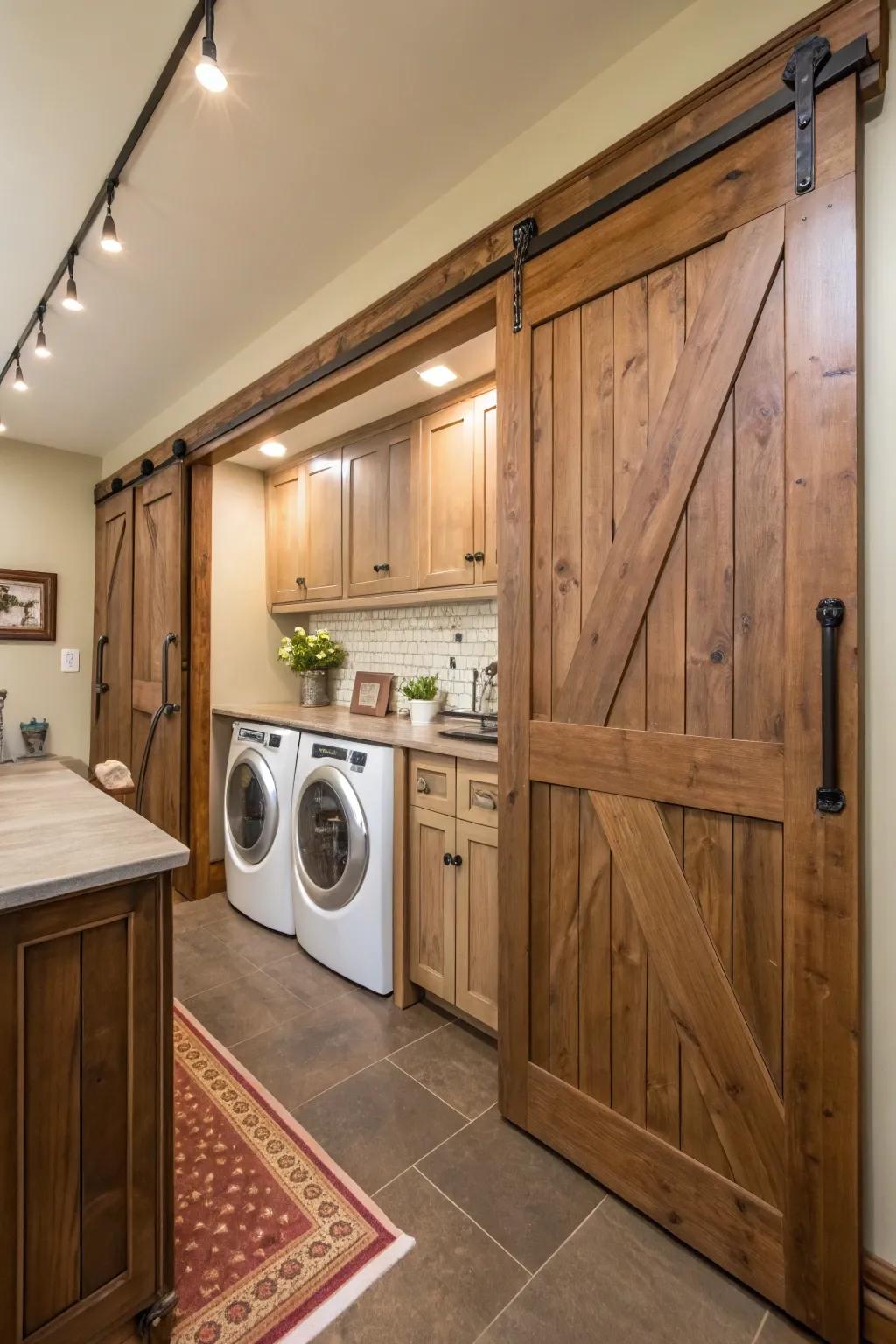 Sliding barn sliders infuse countryside allure while masking the washer and dryer.
