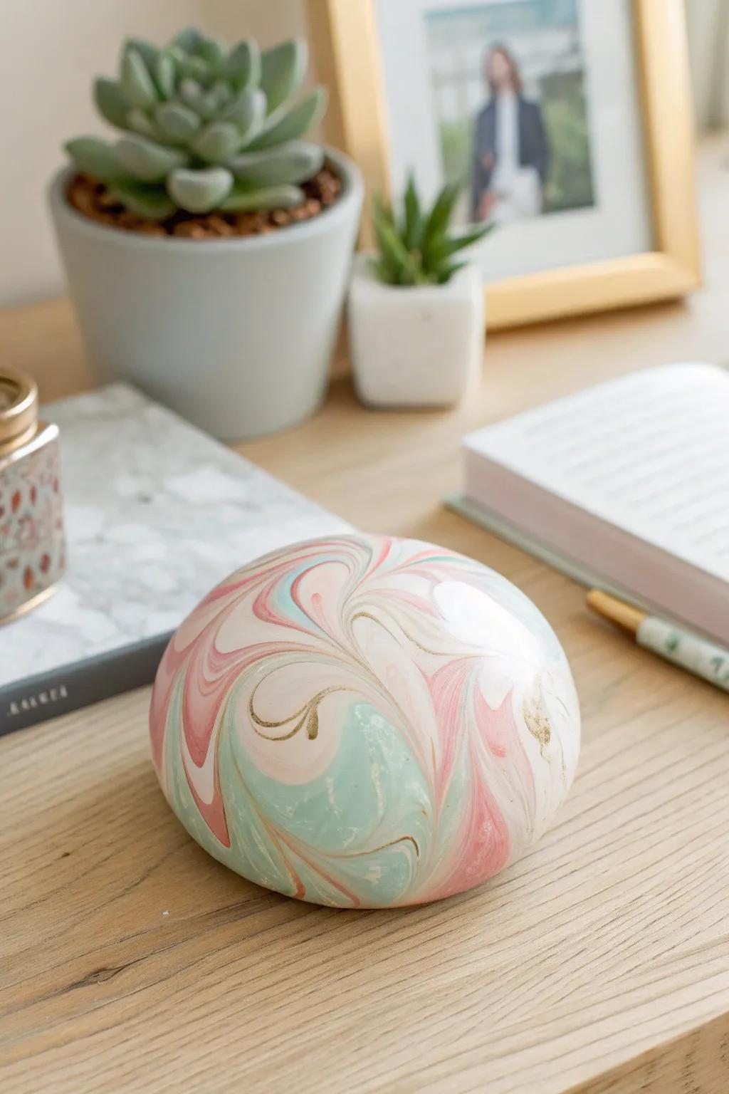 Add a touch of elegance to your workspace with this beautifully marbled paperweight, combining practicality with artistic flair.