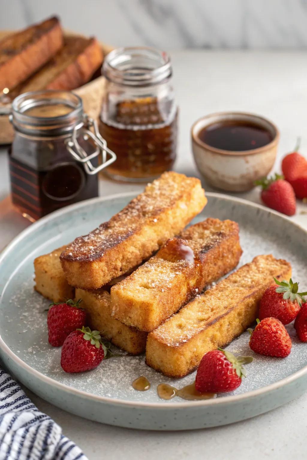 A reminiscence of times-past where toast batons are served in coordination with dipping syrup.