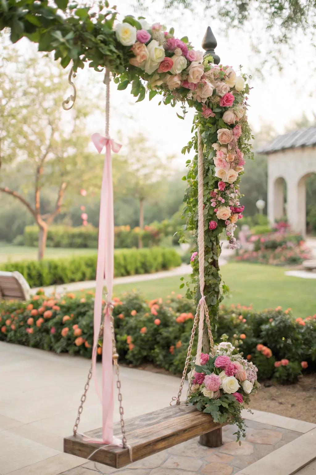 A floral swing delivers a distinctive and joyful photo opportunity.