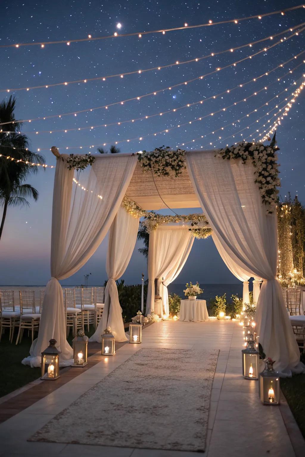 Capture moonlight glamour through ethereal drapery and twinkling lights.
