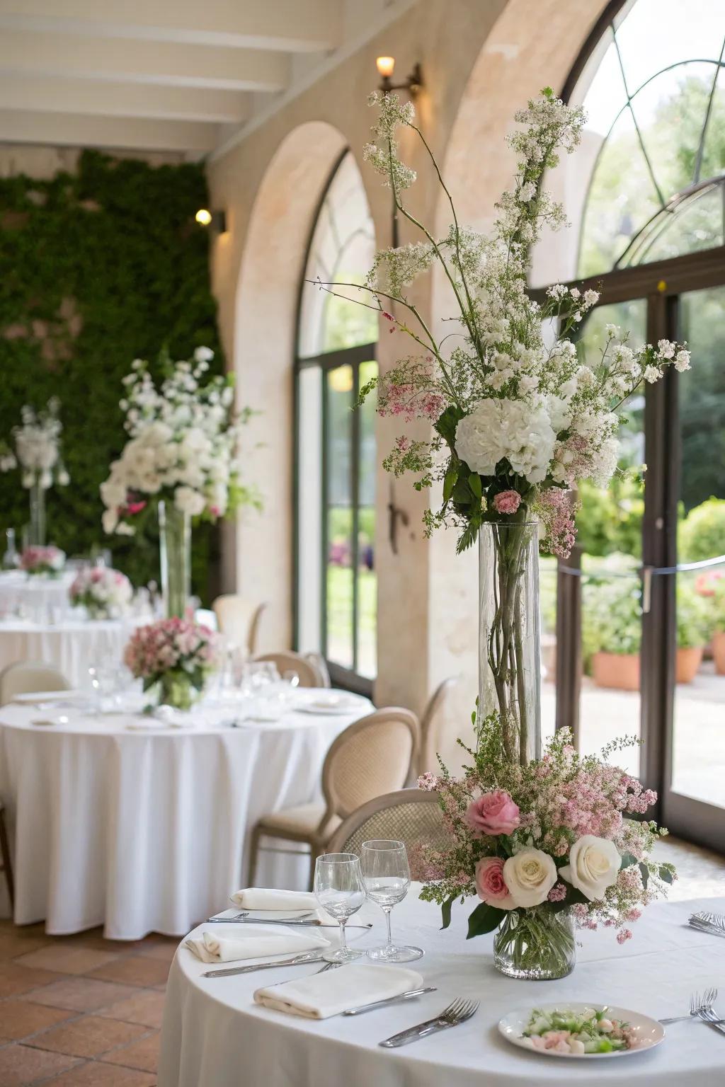 Artistic Ikebana floral presentations, incorporating structure and elegance into the wedding decor.
