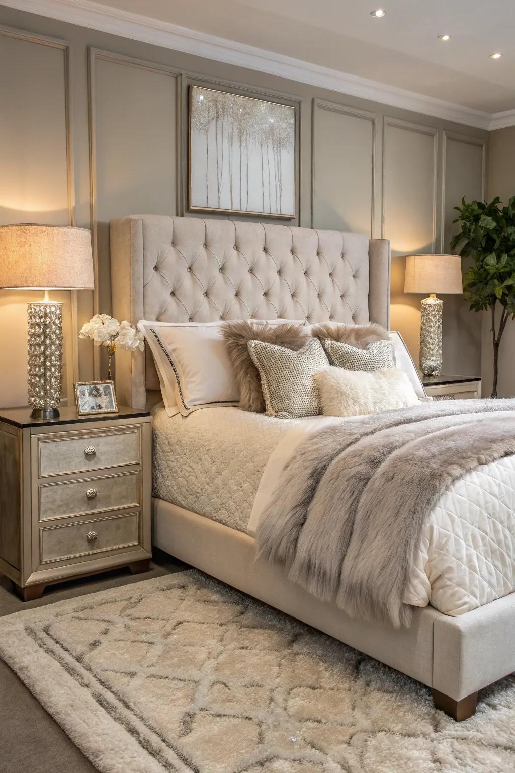 Amalgamating textures with a plush floor covering and streamlined furnishings fashions a dynamic bedroom environment.