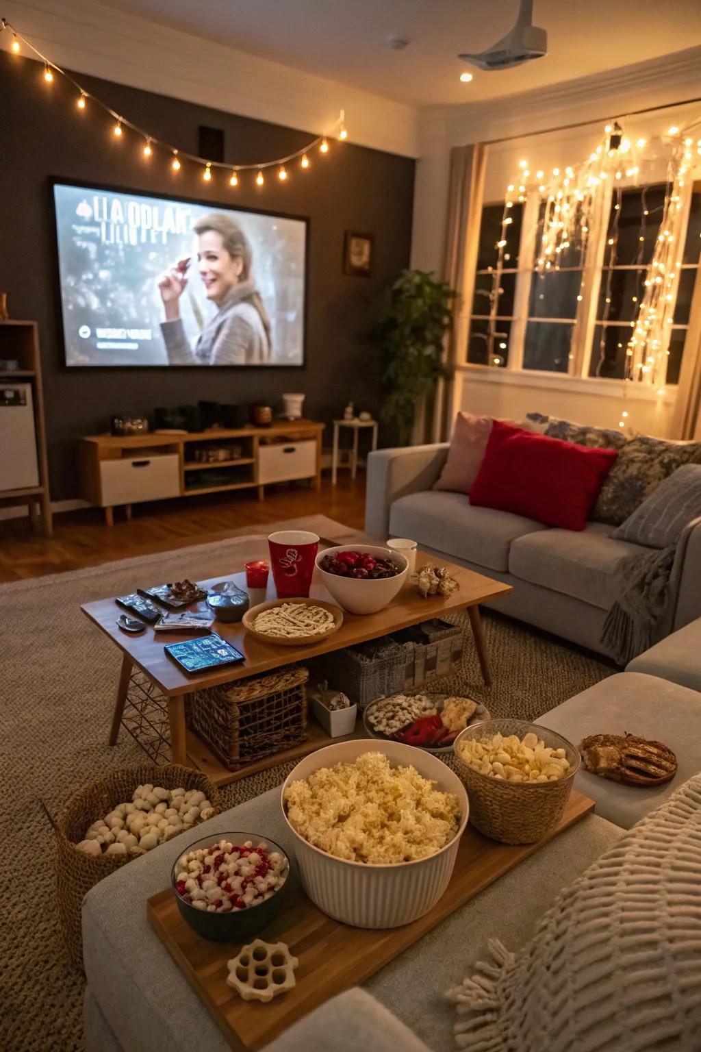 A cozy film marathon arrangement with nostalgic vibes.
