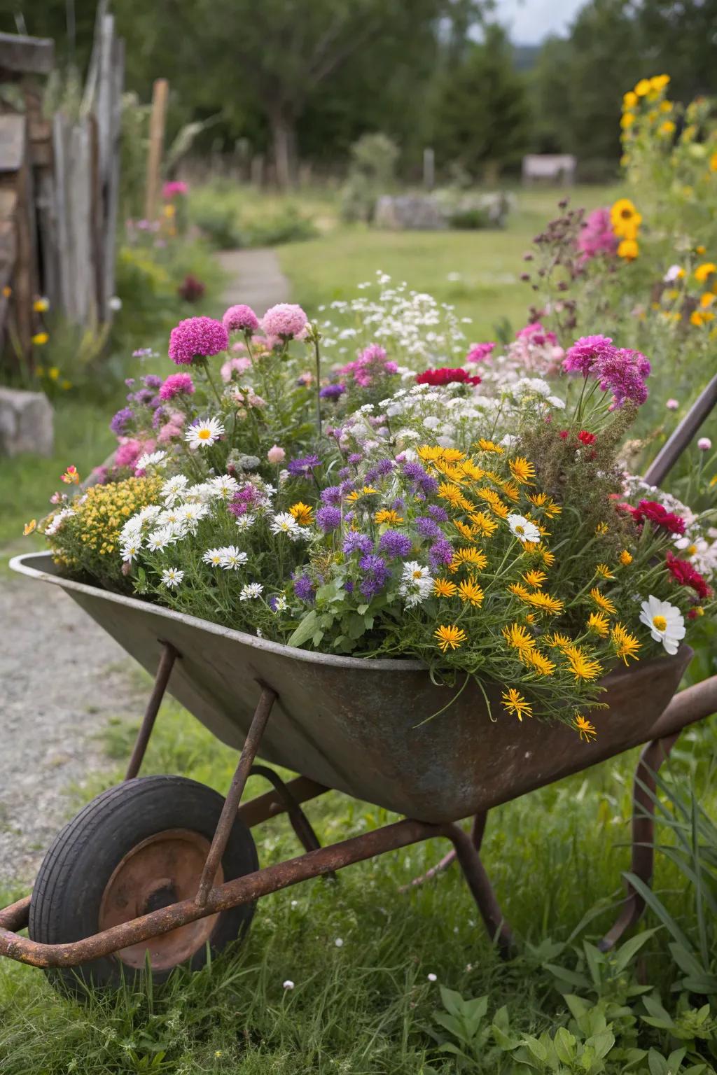 Attract pollinators with a lively wildflower wheelbarrow.