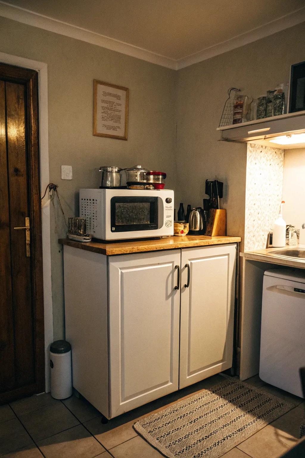 A microwave placed atop a tall cupboard for optimal vertical space utilization.
