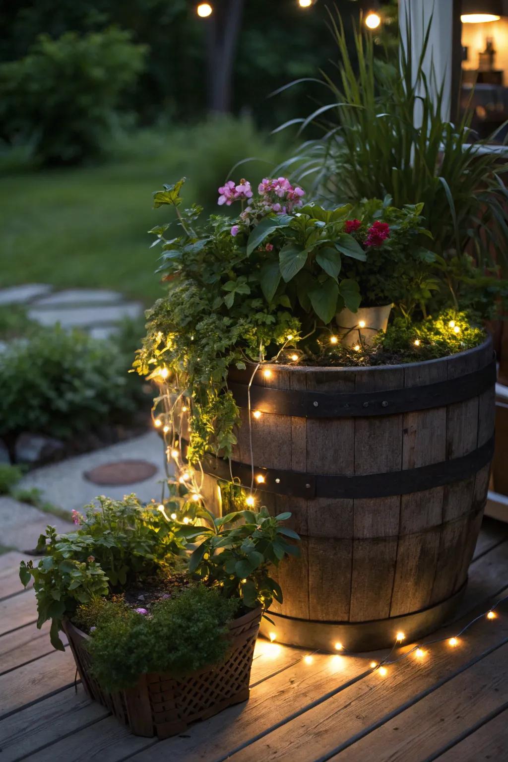 A concealed garden salvaged liquor cask with shrouded lights for a mysterious radiance.