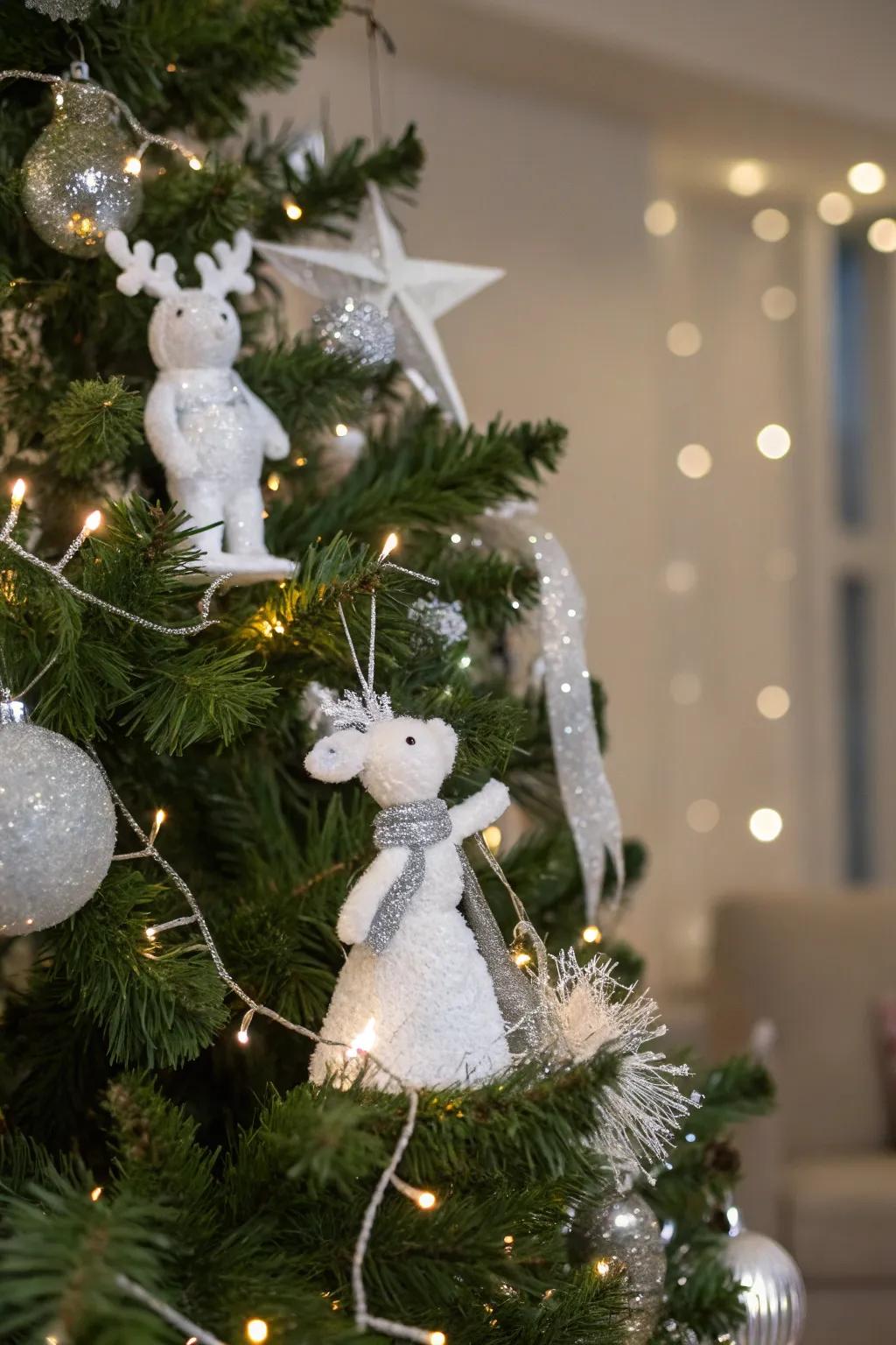 Whimsical white figurines contribute a playful touch.