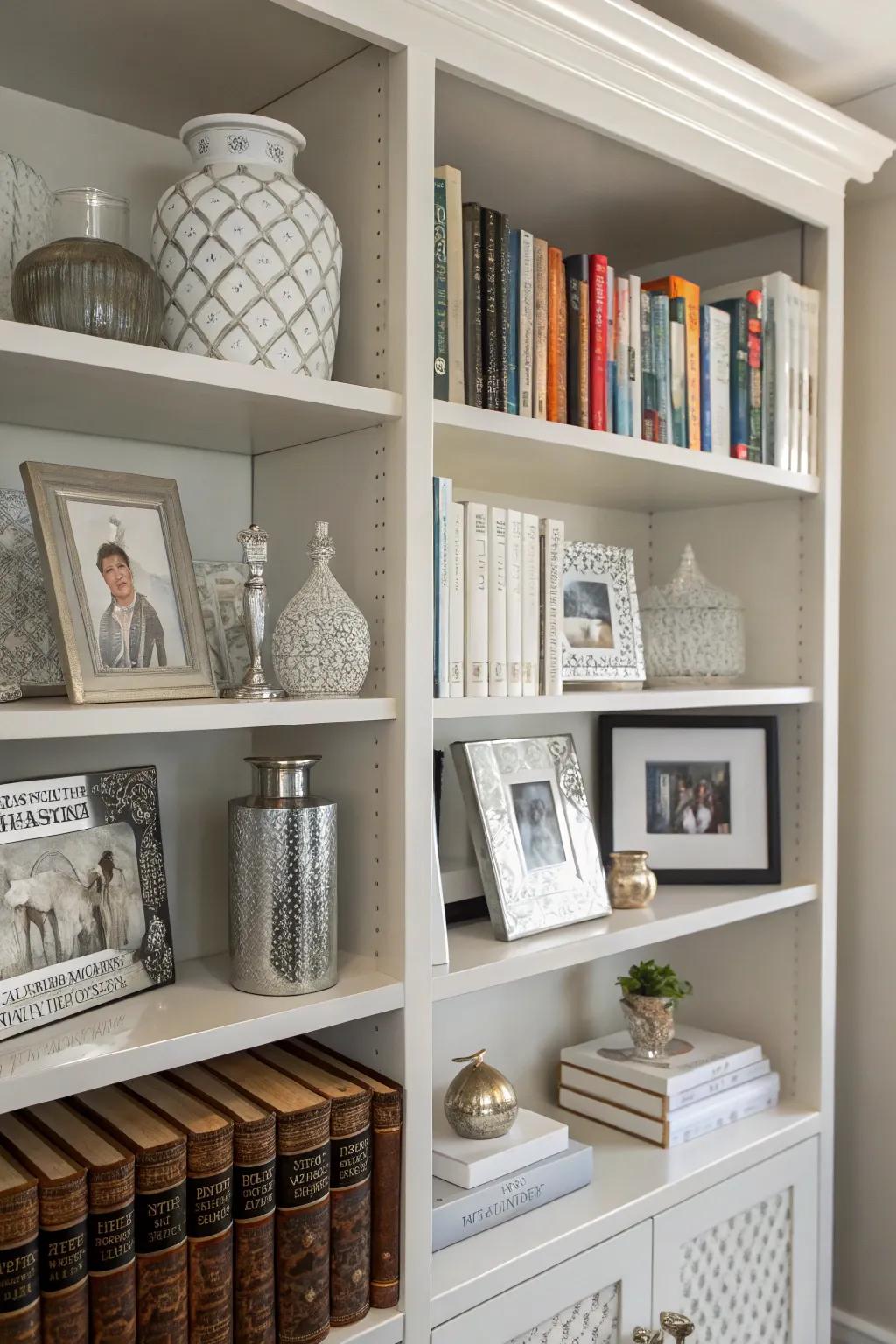 Rejuvenate your bookshelves through the deployment of chic ivory and silver decorative objects.