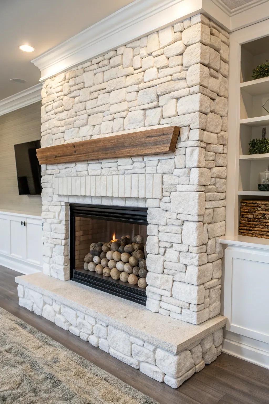 Mixed substances create a dynamic and captivating fireplace design.