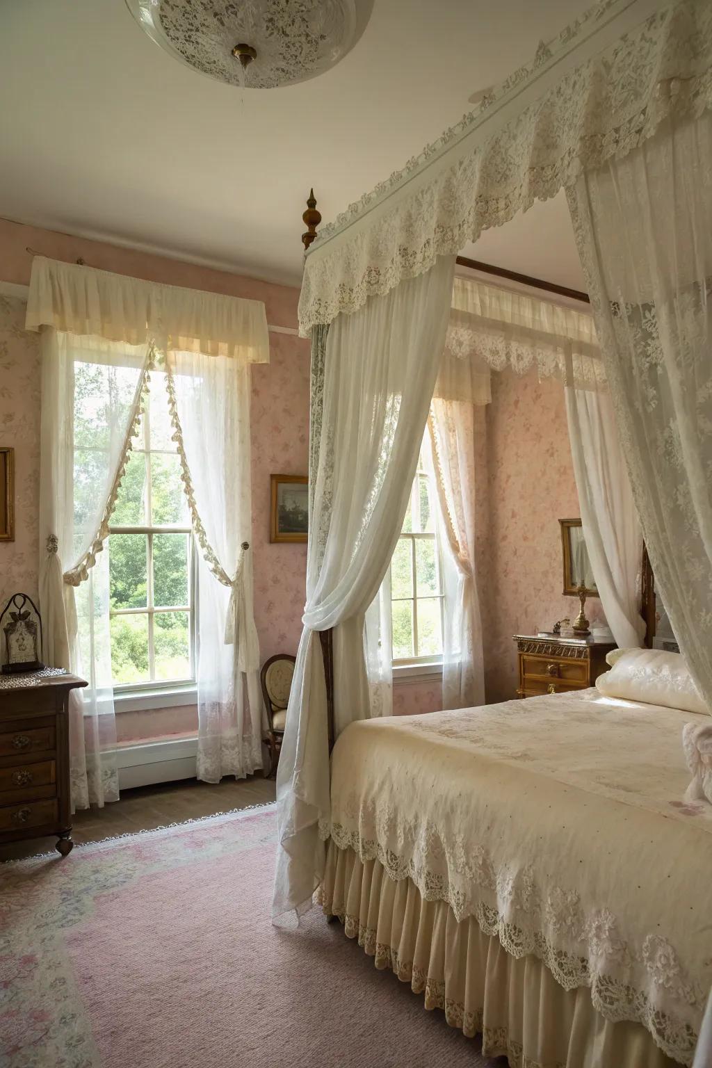 Ivory lace coverings infuse vintage allure and romance to this bedroom.
