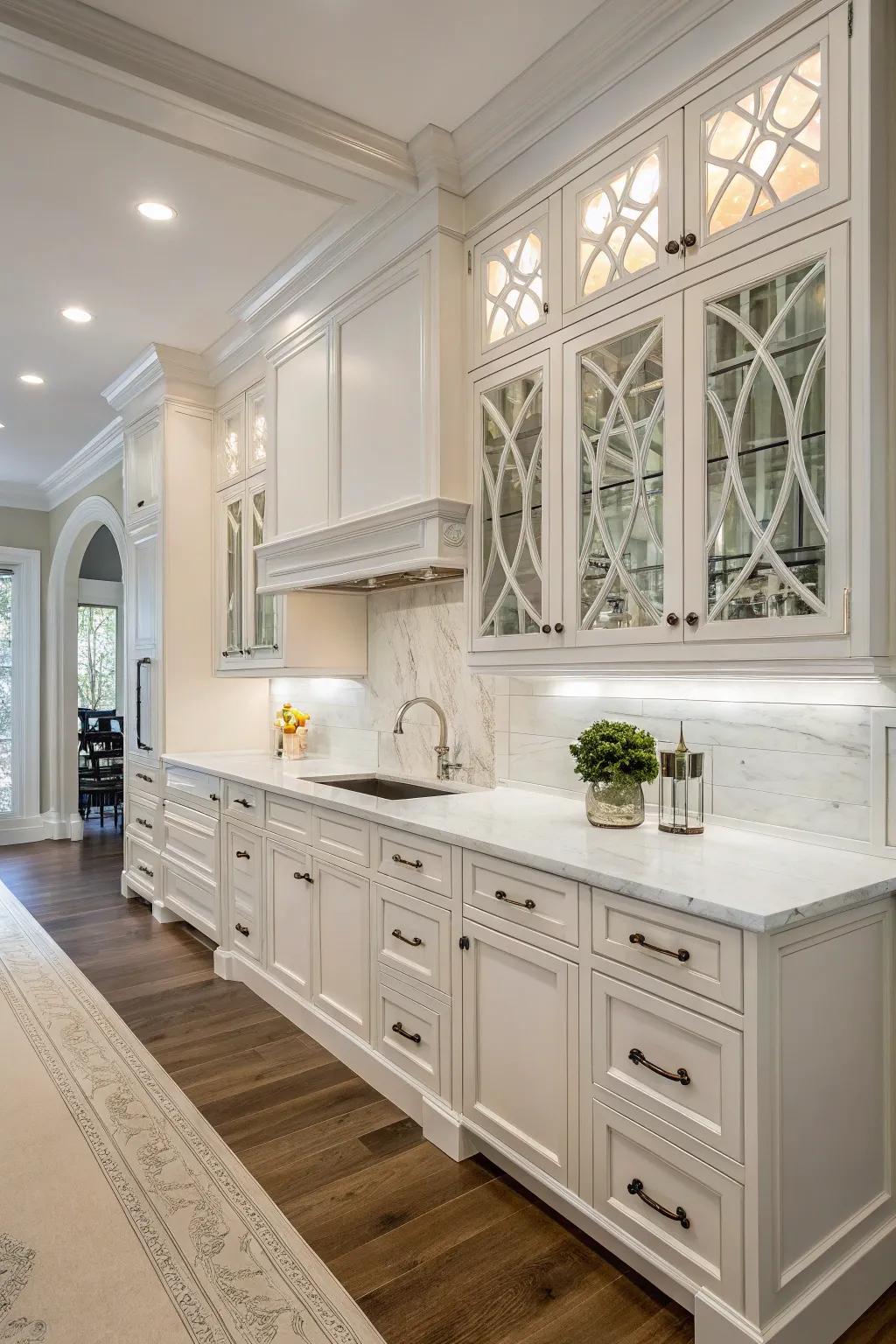 Custom woodwork adds character to white kitchen cabinets.
