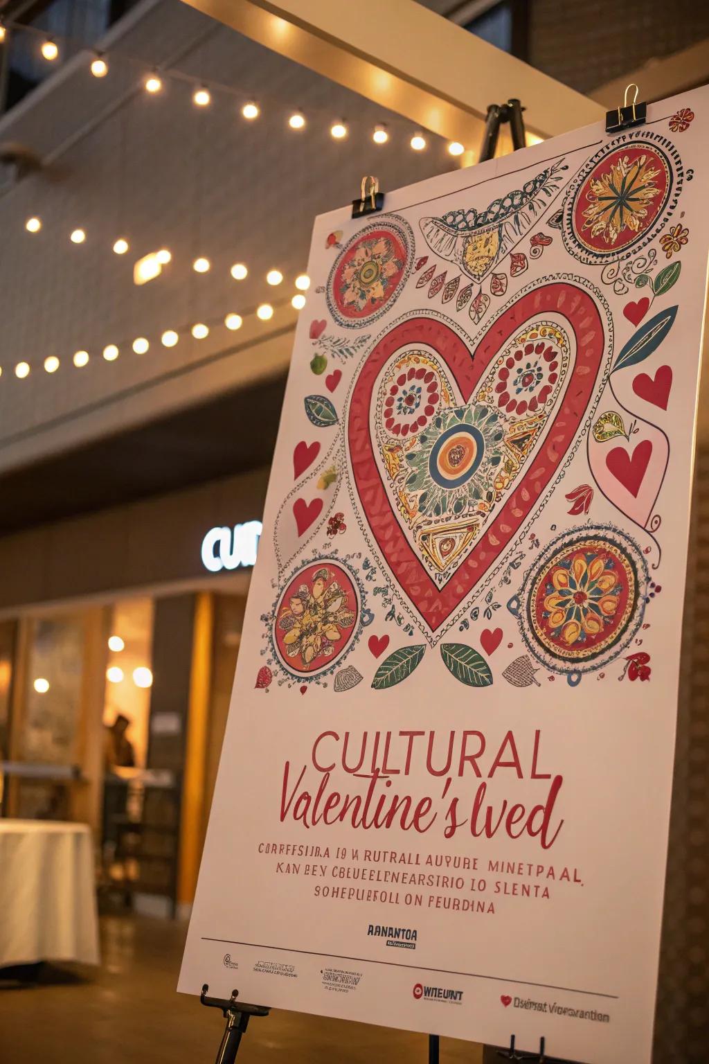 A singular Valentine's poster drawing from cultural inspirations and traditional patterns.
