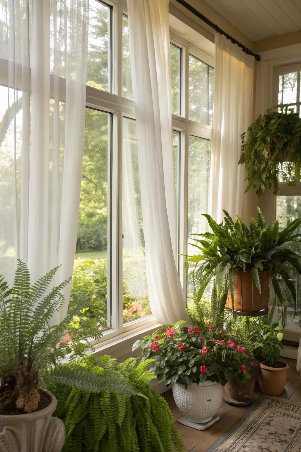 Vegetation complements diaphanous coverings in this refreshing sunroom.