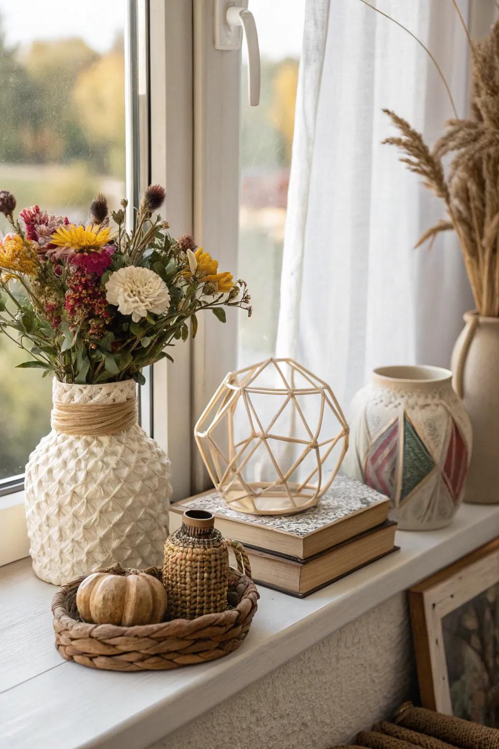 An assorted mélange of decorative aspects cultivates a personalized window sill.