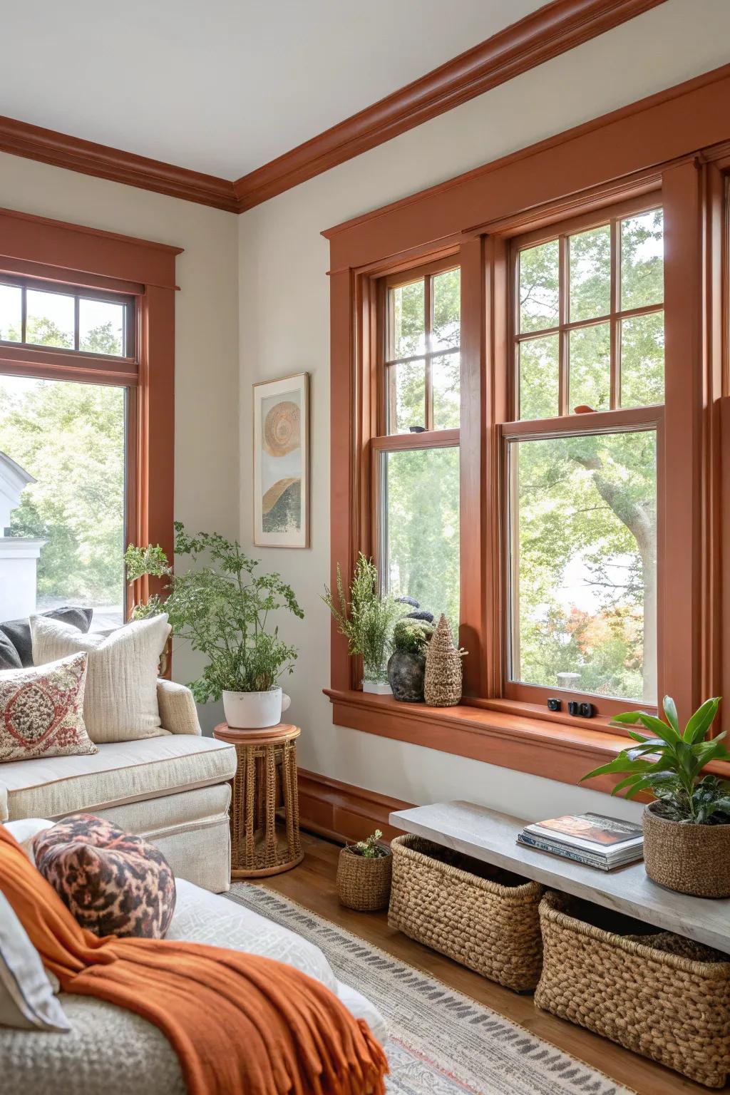 Blazing orange trim adds warmth and vigor to a living space.