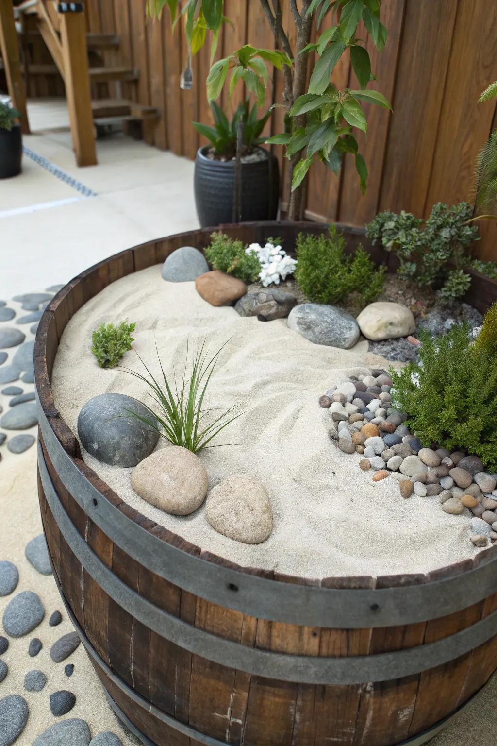 A serene Zen garden nestled within a wine barrel.
