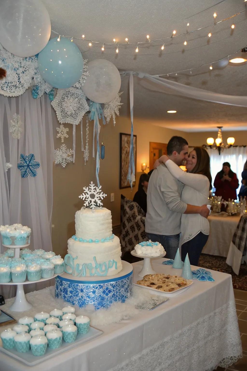 A whimsical Infant’s Initial Blizzard-themed baby shower.