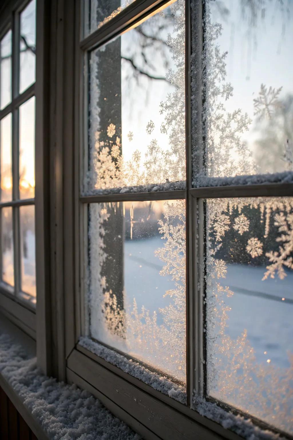 Frosted windows bring the cozy feel of a winter cabin inside.