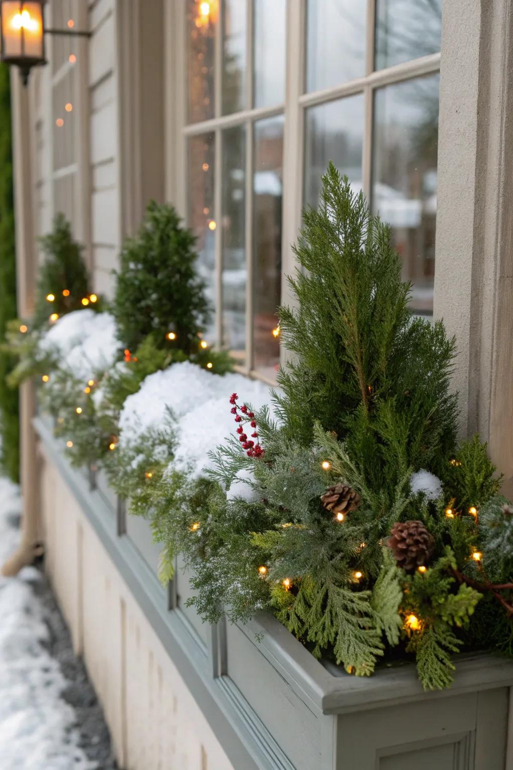 Simulated snow endows this window box with a magical, snow-laden visage.