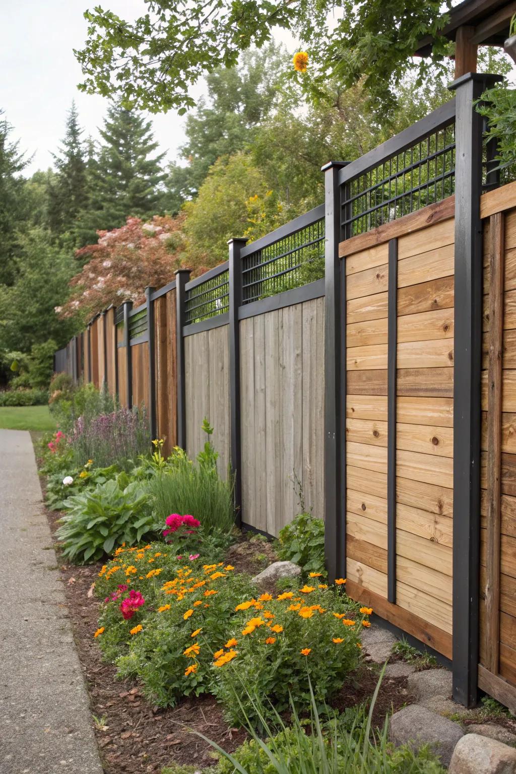 An interesting fence featuring dynamic statures of wood and metal panels.