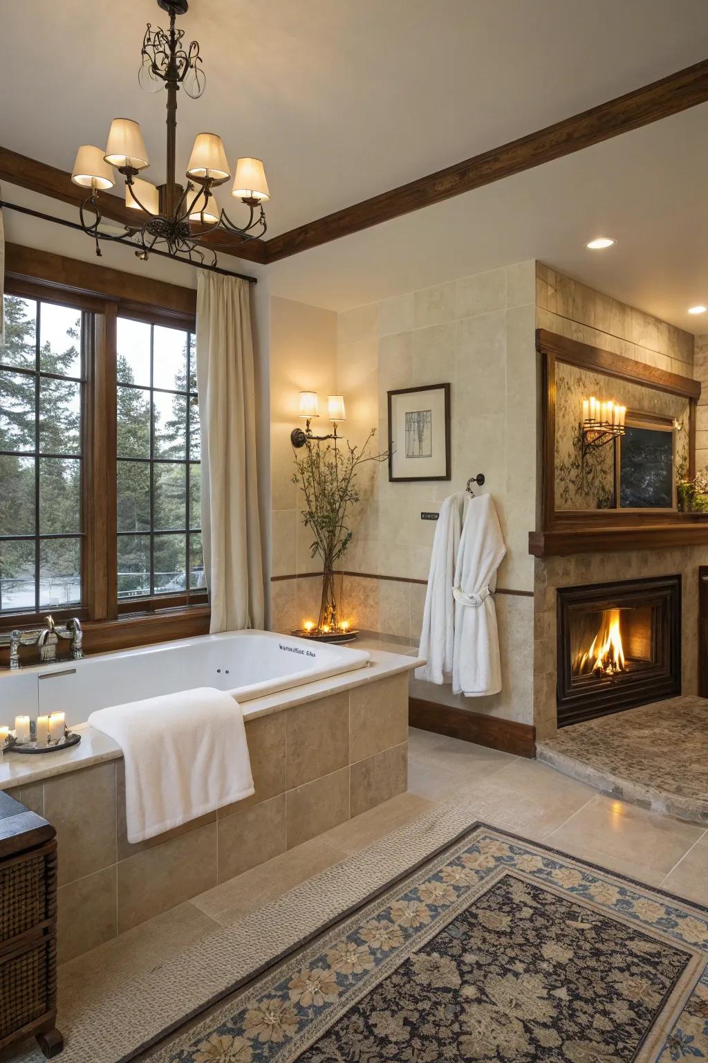 A spa-inspired bathroom retreat featuring a fireplace.