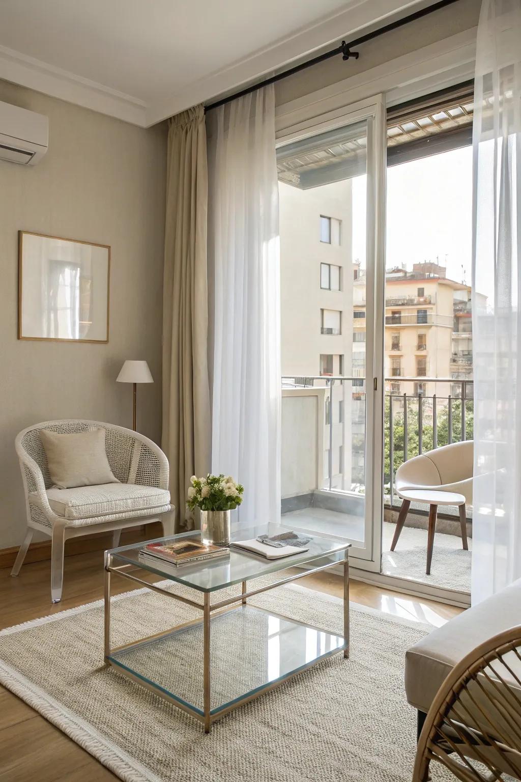 Lucid furnishings preserve the sensation of an airy and expansive environment.