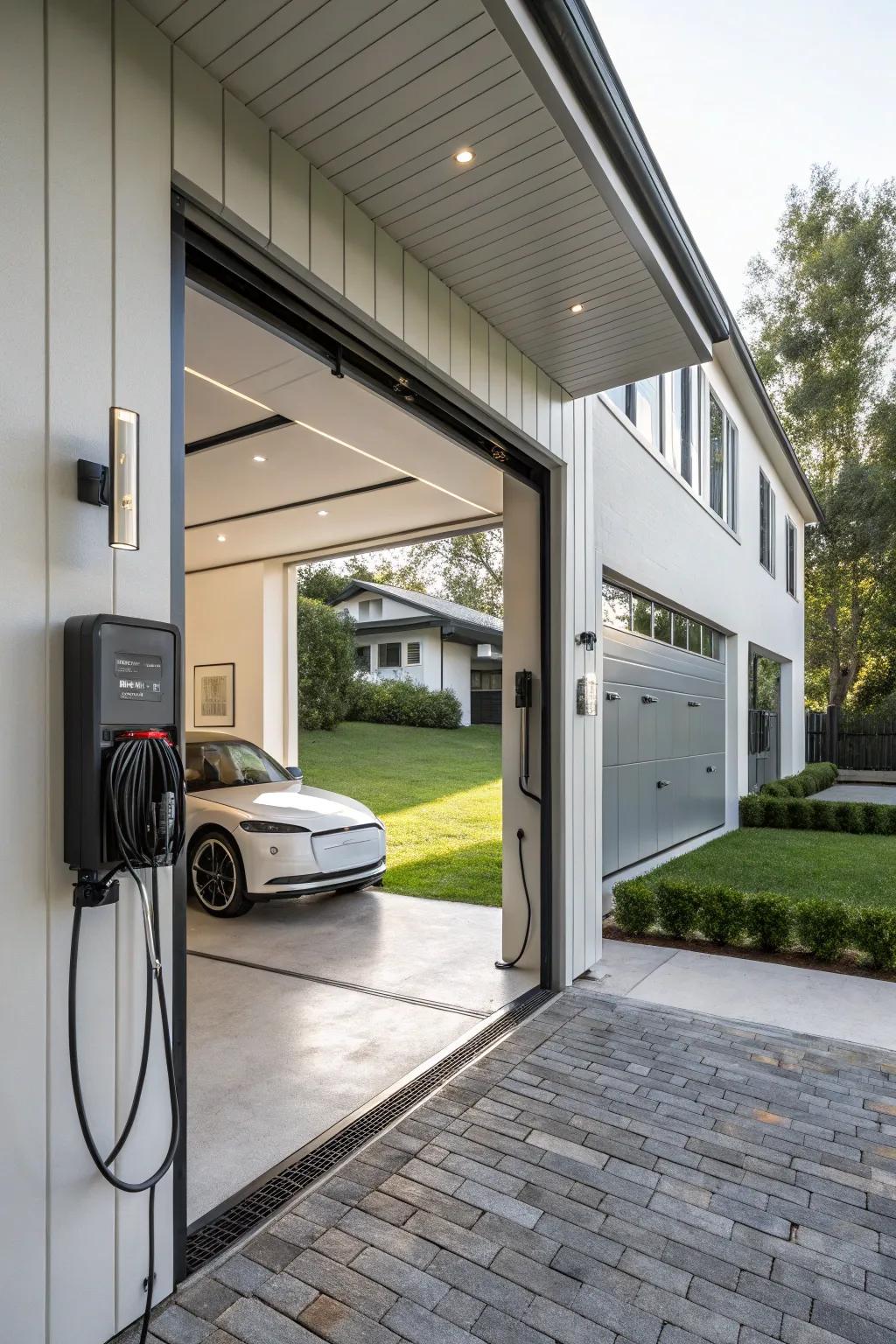 Anticipate future requisites through the integration of an electric vehicle charging station within your garage.