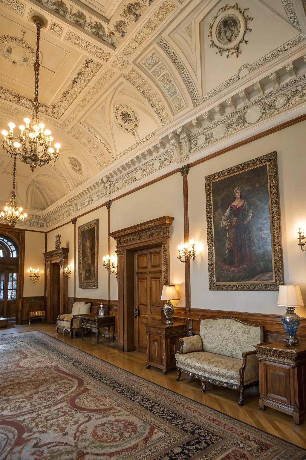 Intricate moulding adding extravagance and detail to a colonial-style room.