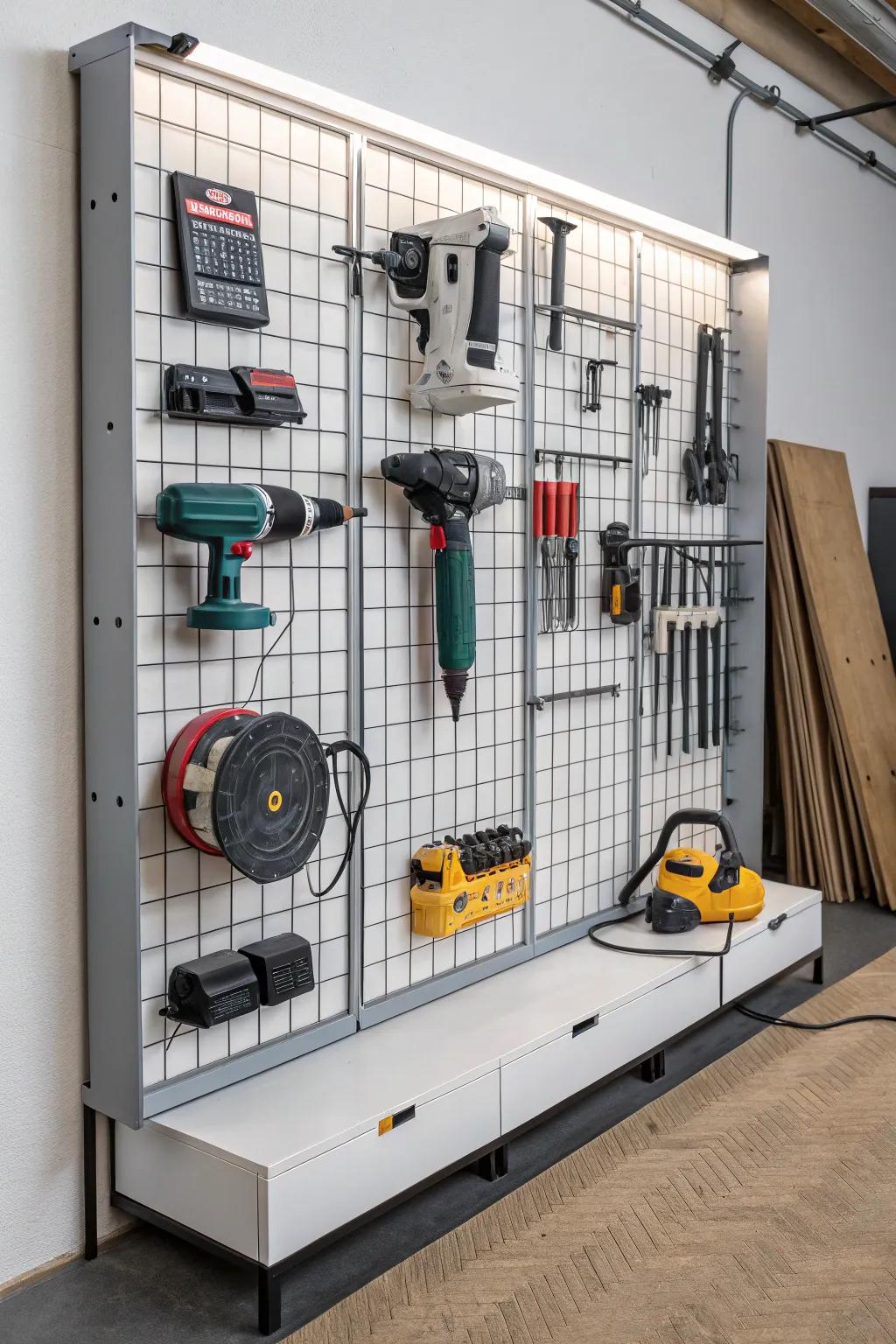 Adaptable modular wall grid system suited for evolving tool storage demands.