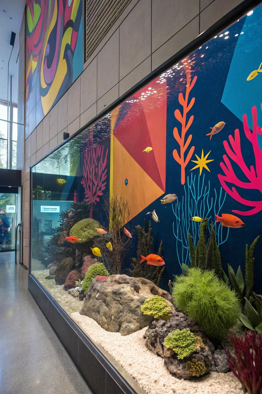 Abstract art transforms the aquarium into a modern masterpiece.