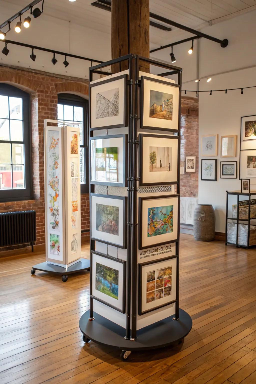 A rotating display system for art prints, perfect for keeping things fresh.