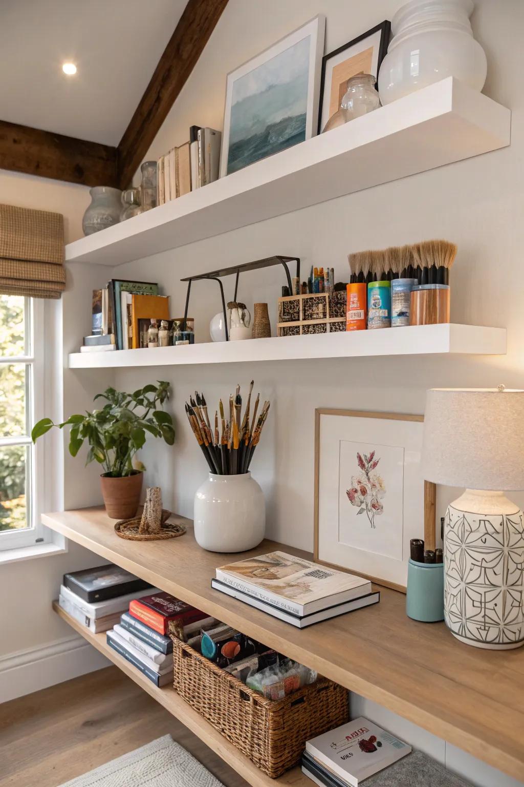 Floating shelves provide stylish storage solutions for your artistic tools.