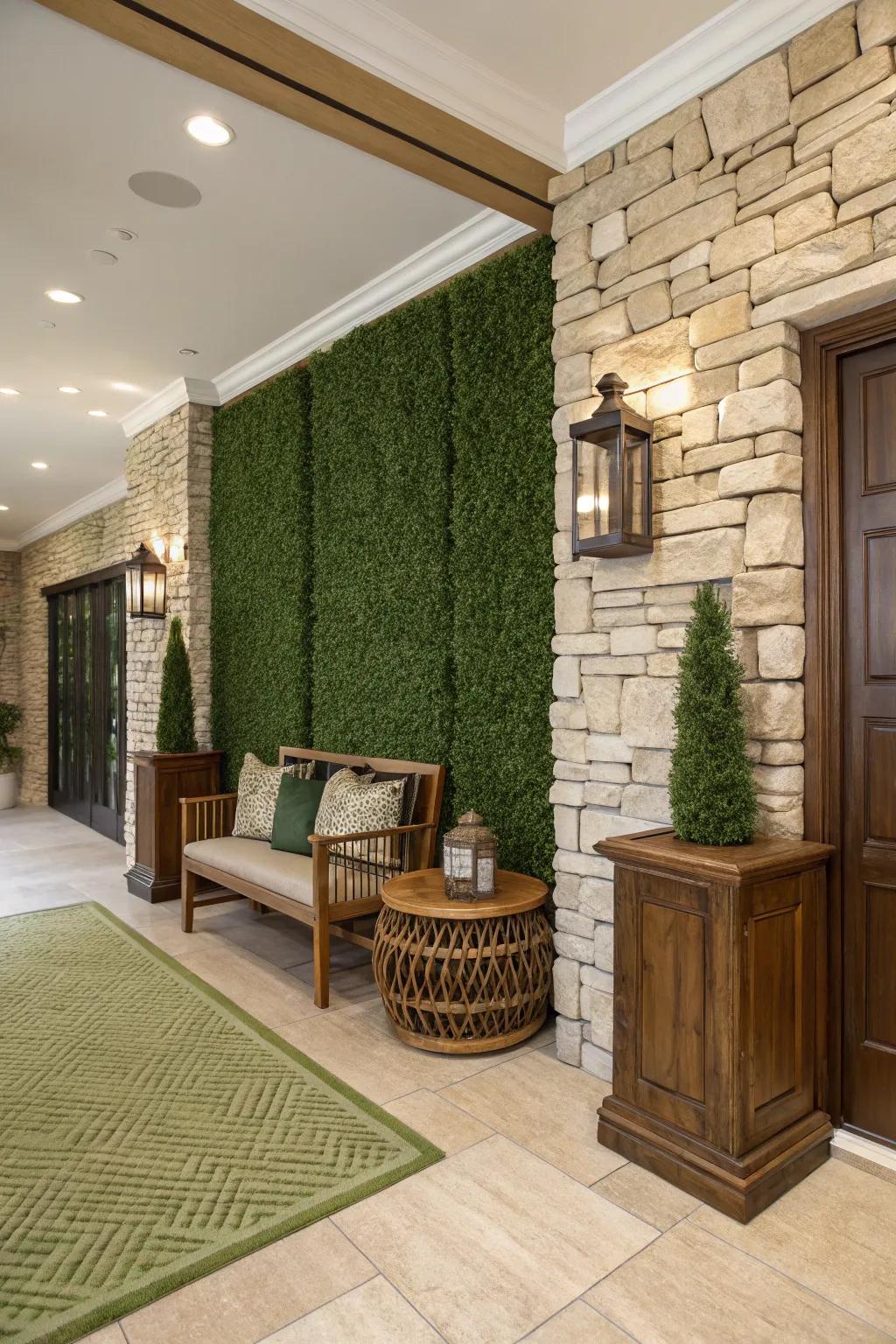 An area enriched by the combination of an artificial verdant wall with timber and stone elements.