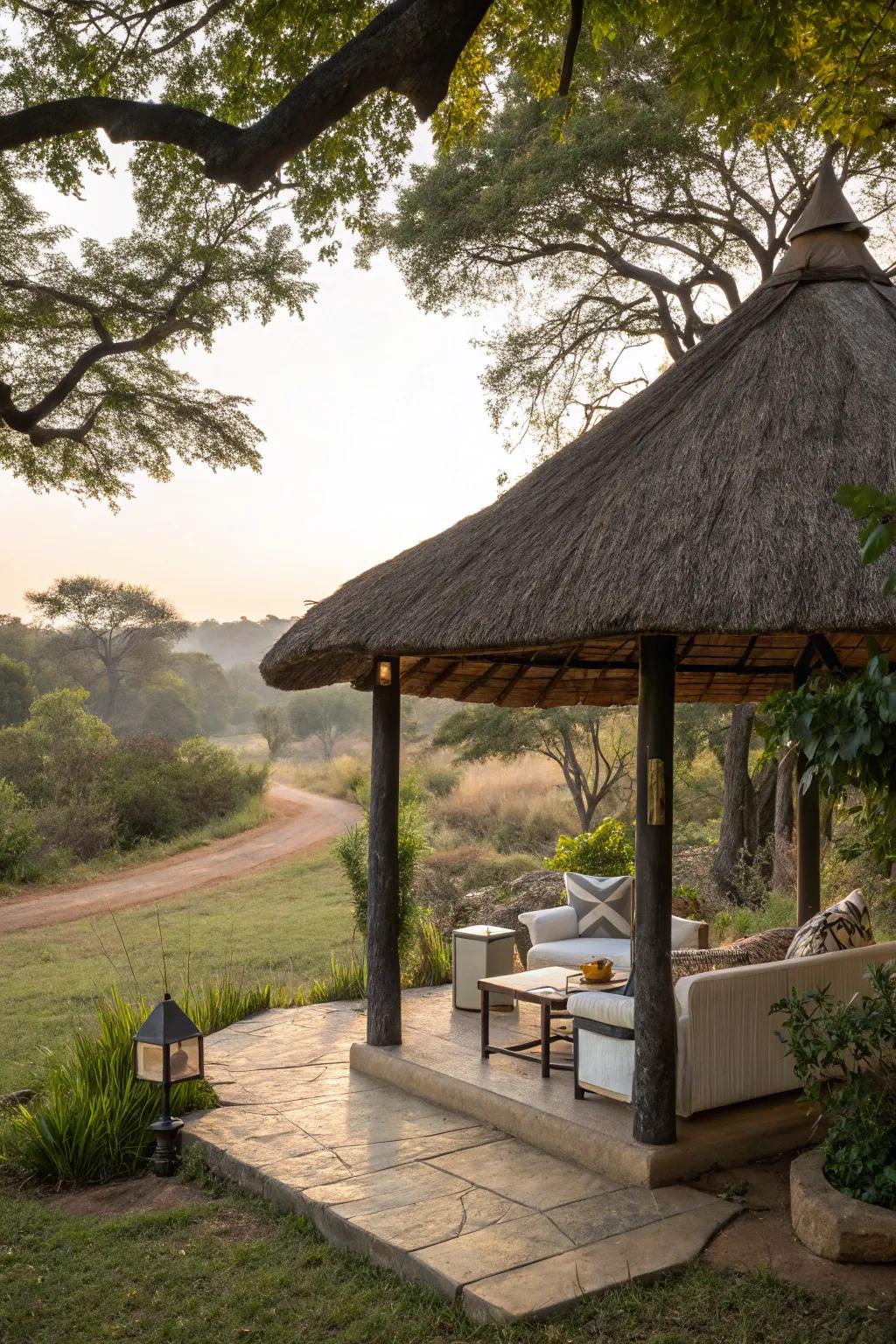 A thatched apex appends countryside charm to a snug patio.