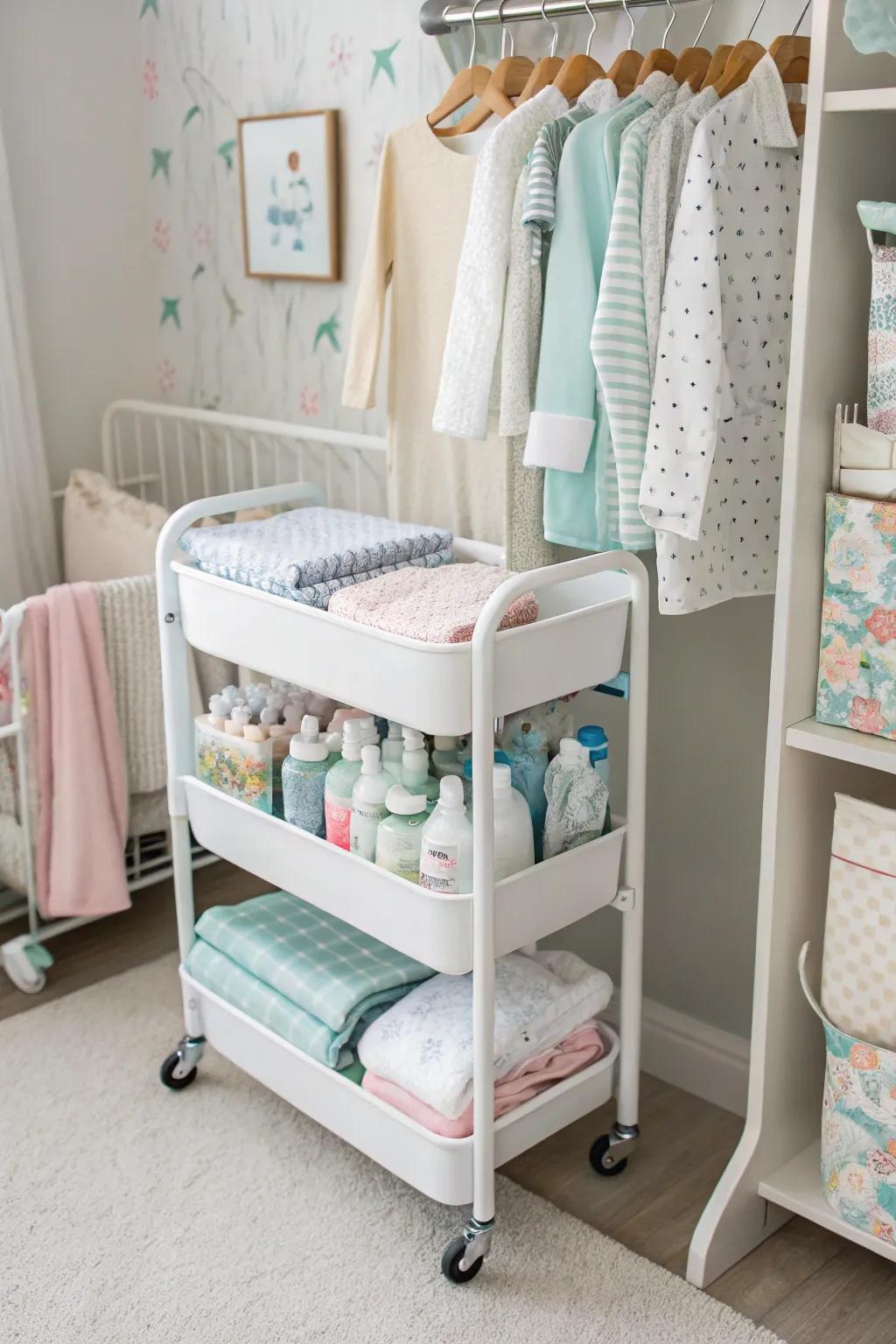 Mobile conveyances furnish malleable storage for infant essentials.