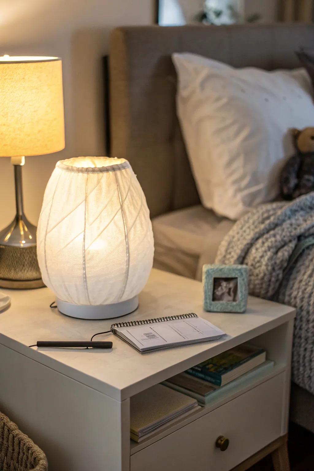 A unique diaper lamp lighting up the nursery.