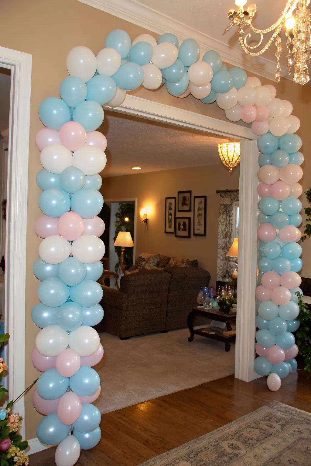 Sculptural balloons append a whimsical and unanticipated hint to the passageway.