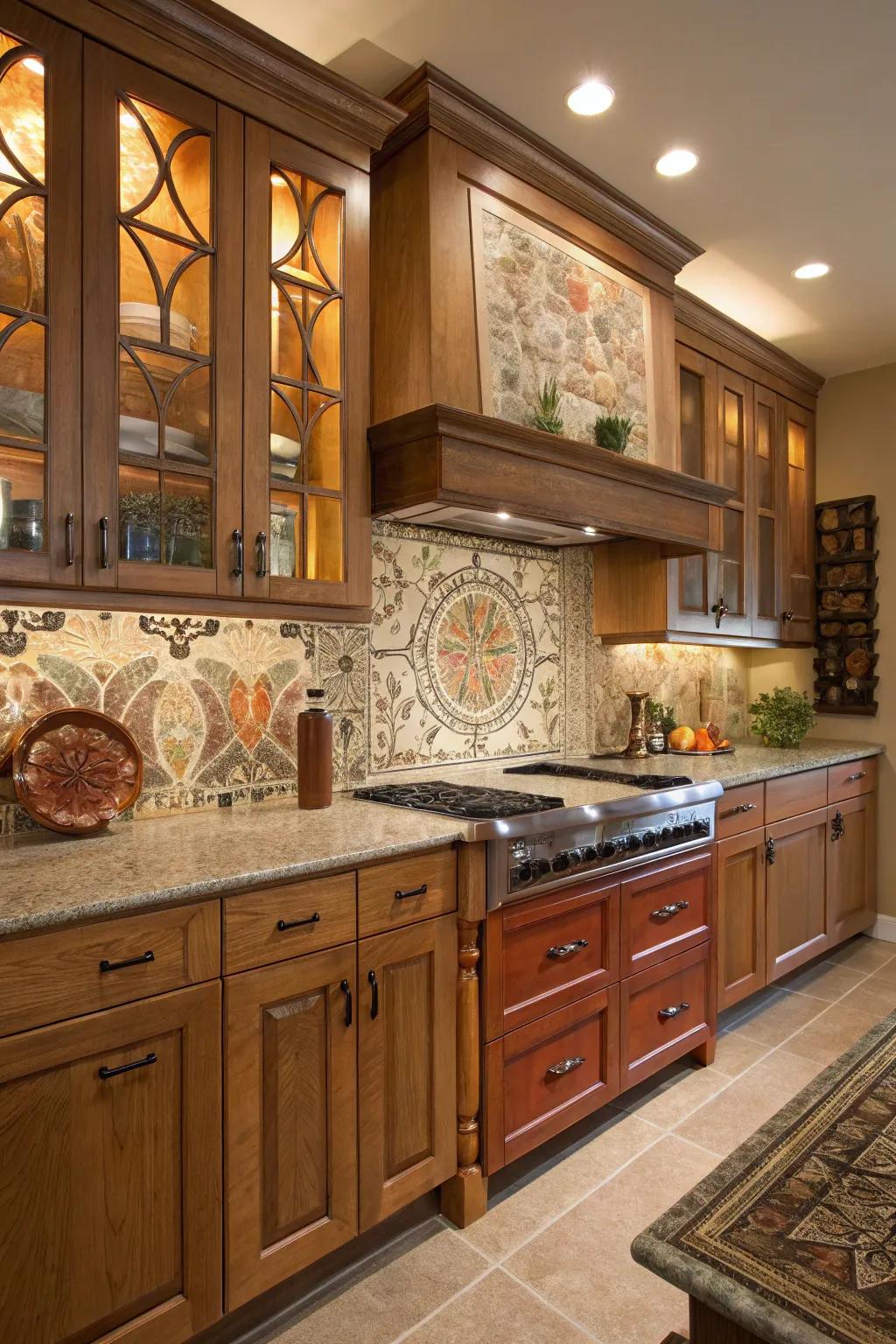 An artistic tile design transforms the kitchen into a creative area.
