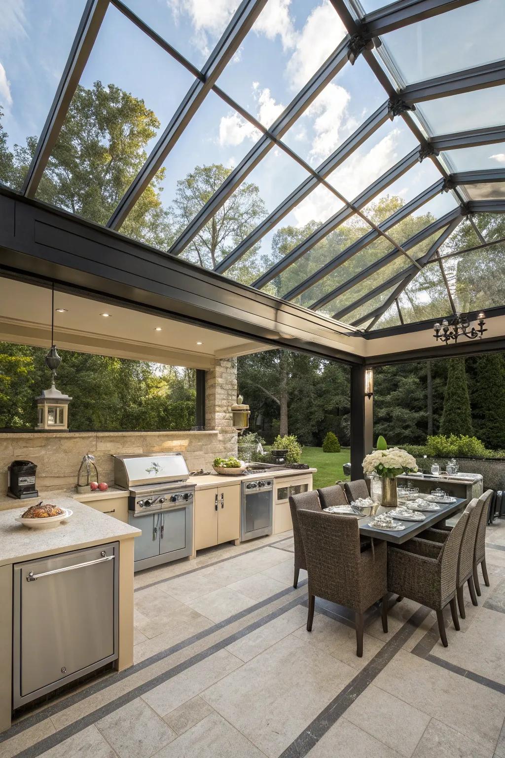 A glass canopy delivers a seamless connection to the outdoors in your kitchen.