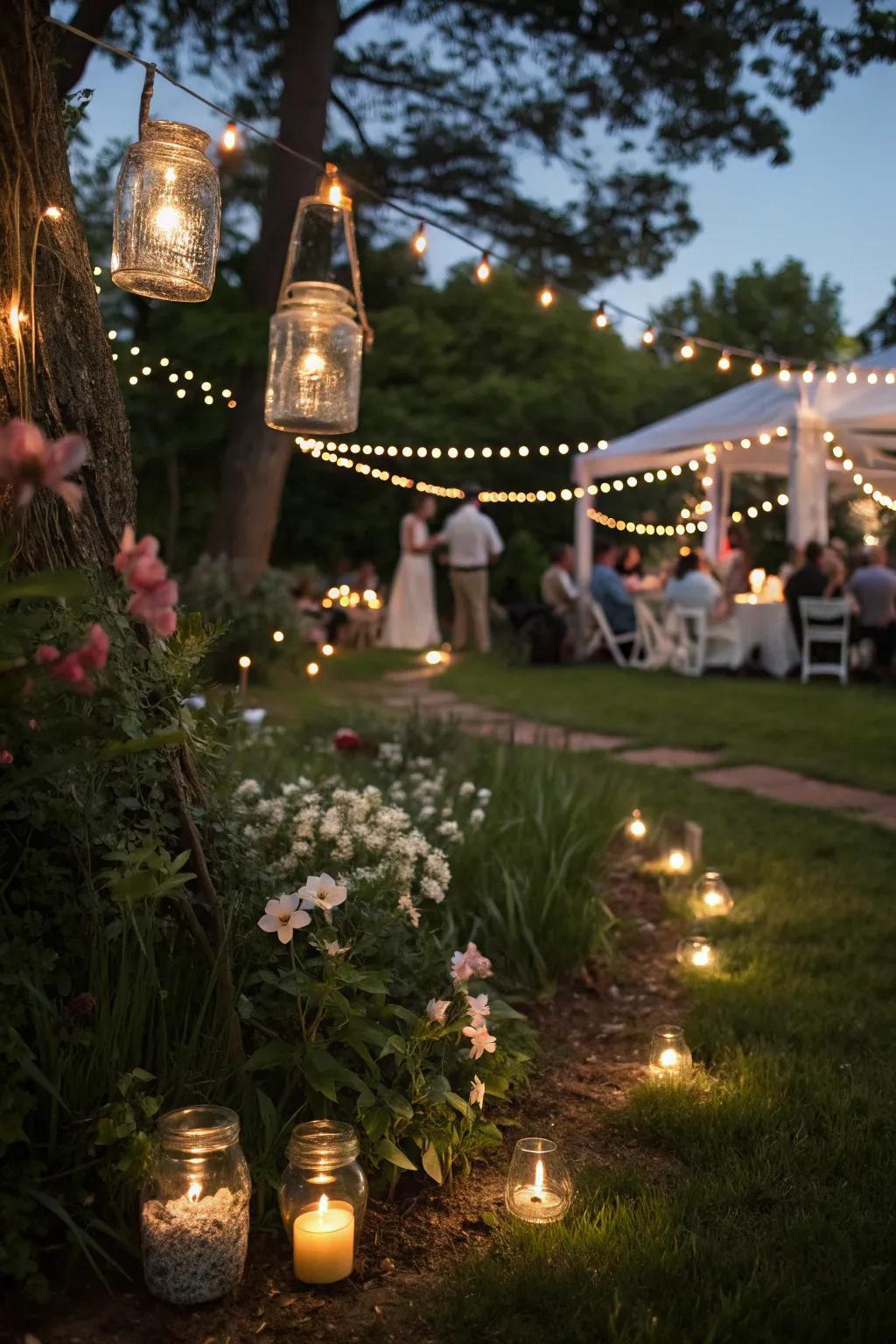 Stonemason jar luminaries cast a rustic radiance over the garden celebration.