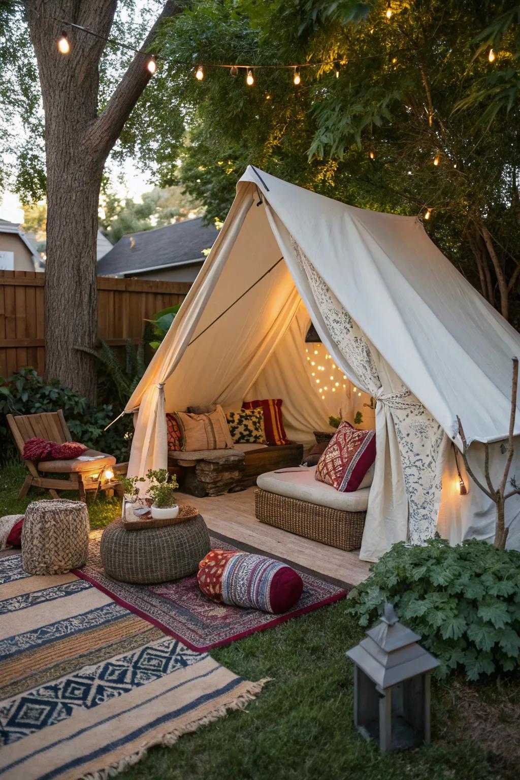 A tented lounge fosters a welcoming, bohemian retreat within your backyard.