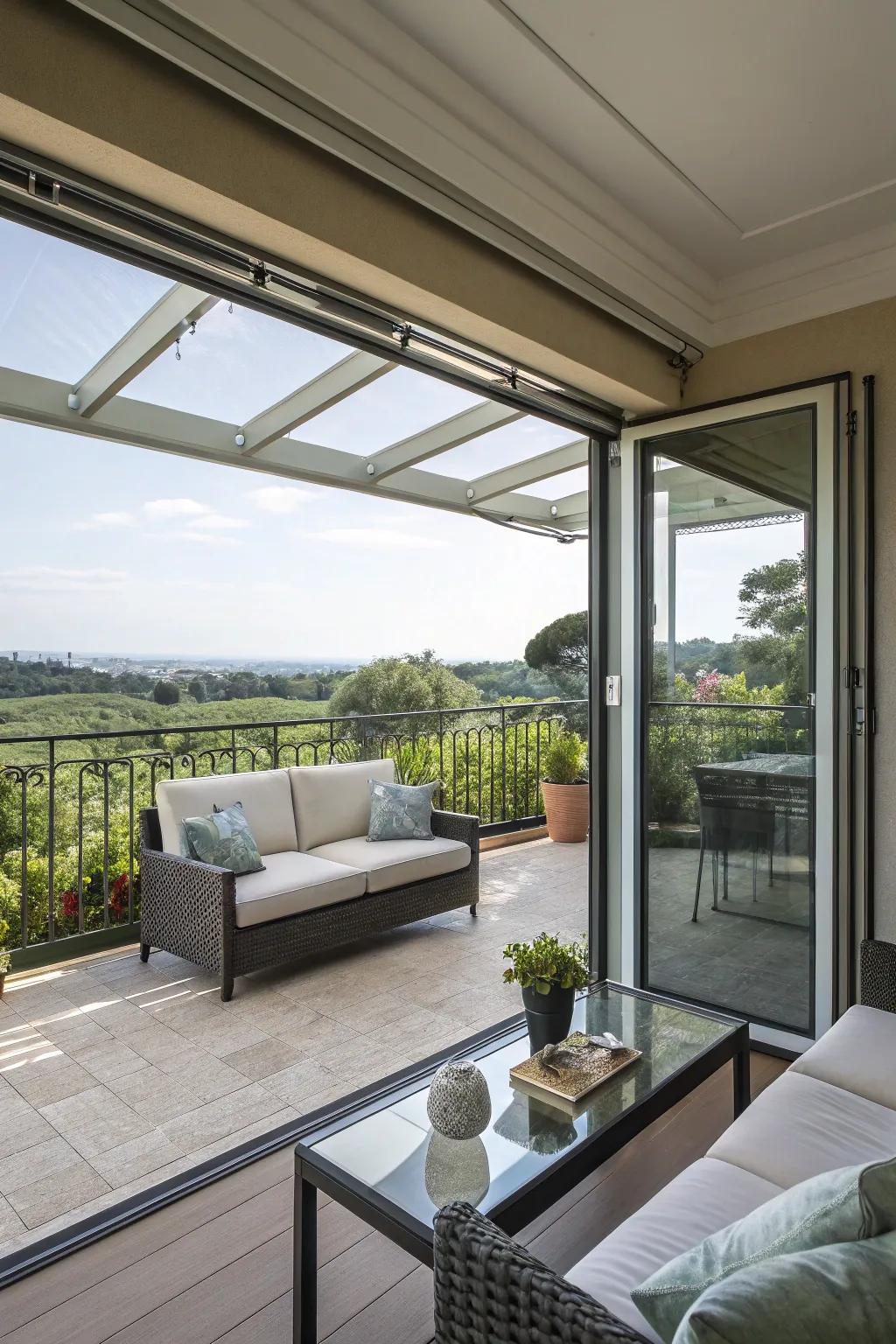 Retractable glass panels offer versatility and unobstructed views.